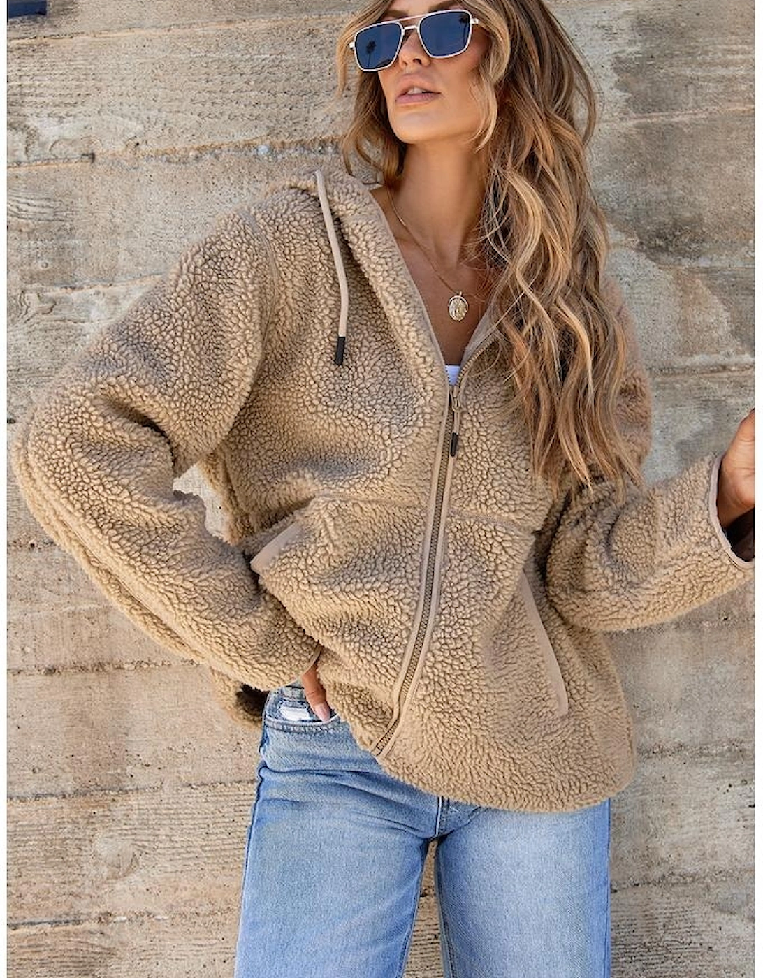 Pale Khaki Fleece Zip Up Drawstring Hooded Pocketed Jacket