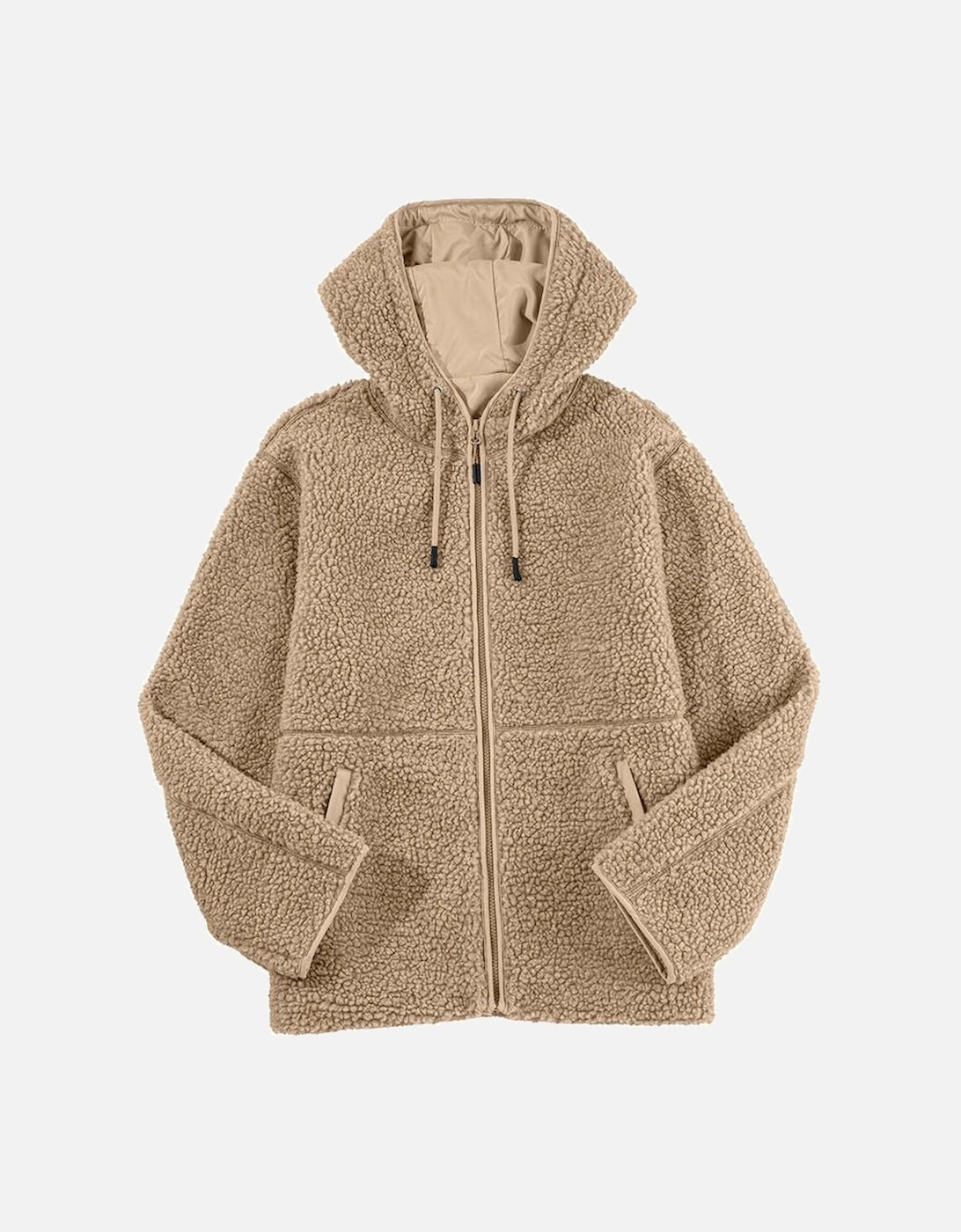 Pale Khaki Fleece Zip Up Drawstring Hooded Pocketed Jacket