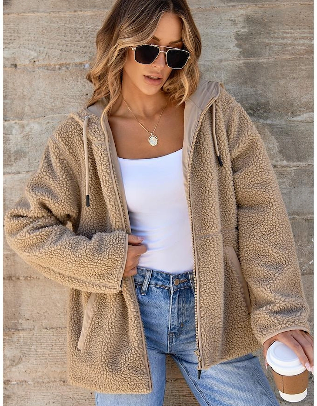 Pale Khaki Fleece Zip Up Drawstring Hooded Pocketed Jacket