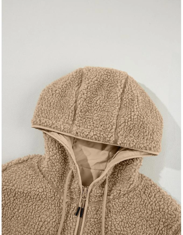 Pale Khaki Fleece Zip Up Drawstring Hooded Pocketed Jacket