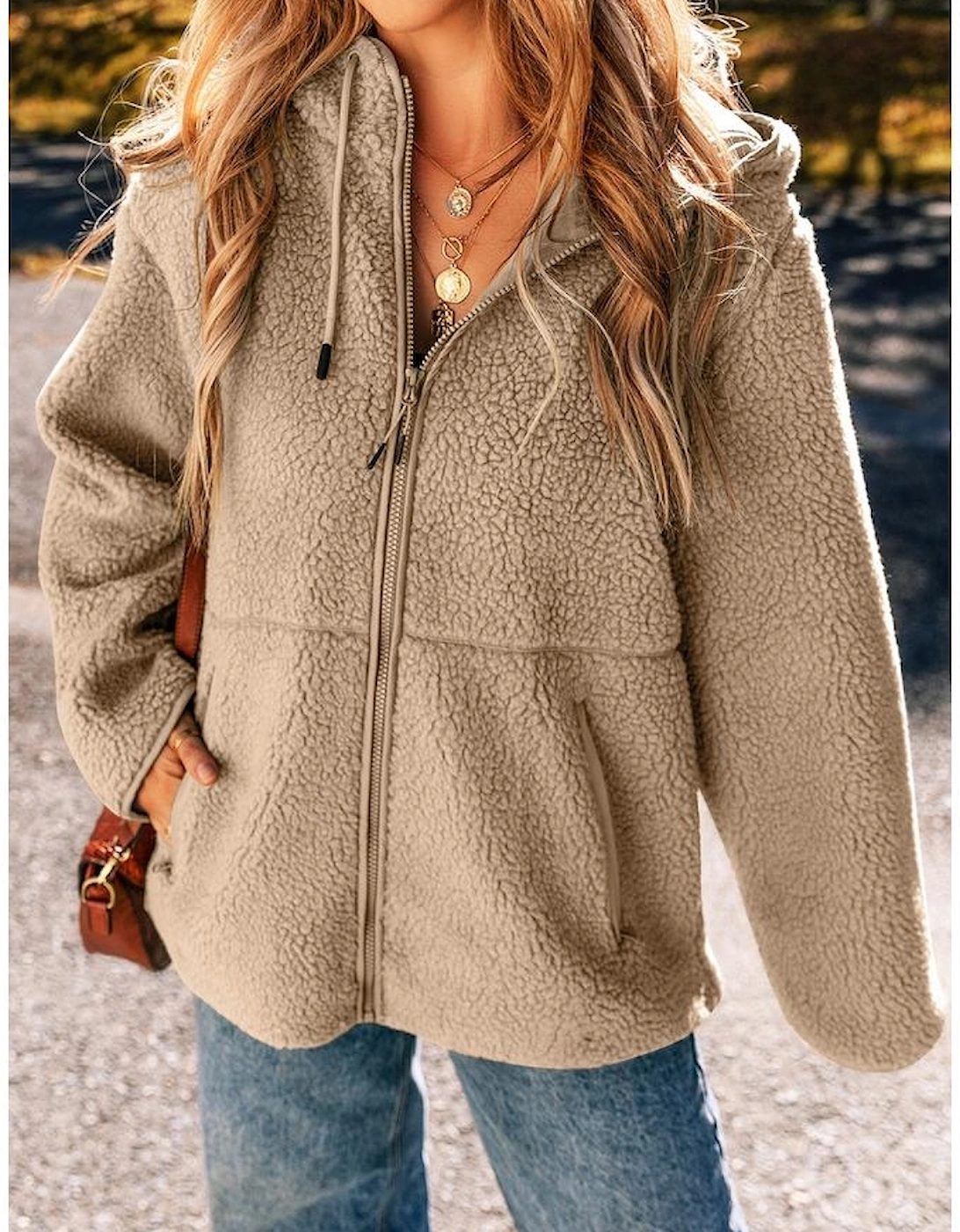 Pale Khaki Fleece Zip Up Drawstring Hooded Pocketed Jacket