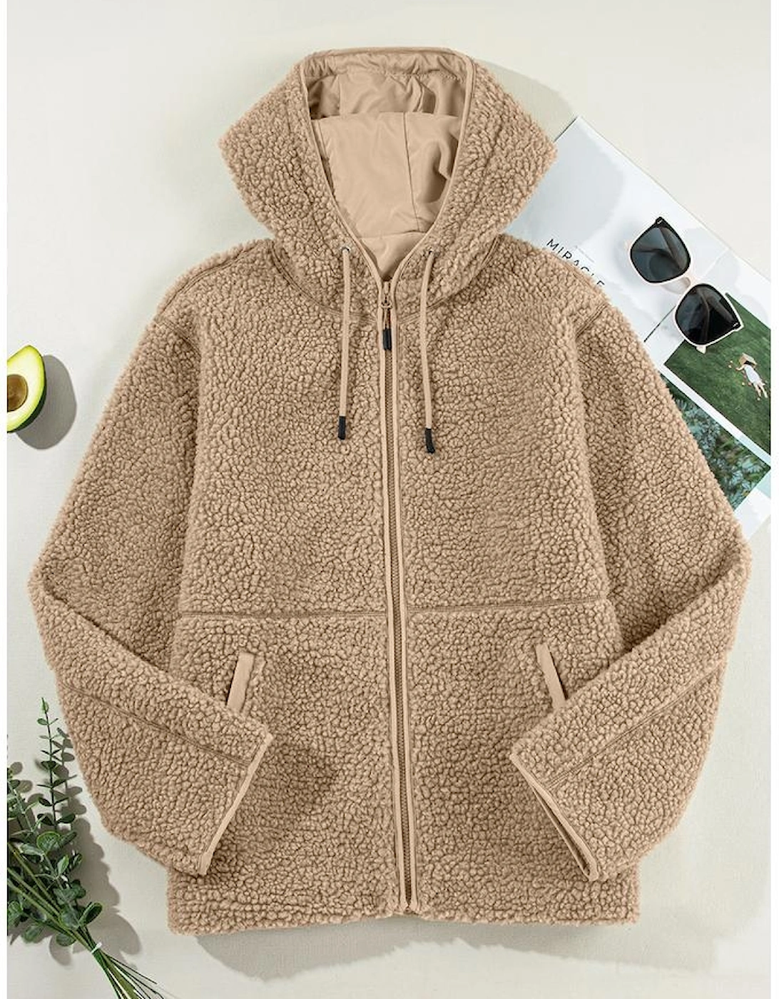 Pale Khaki Fleece Zip Up Drawstring Hooded Pocketed Jacket
