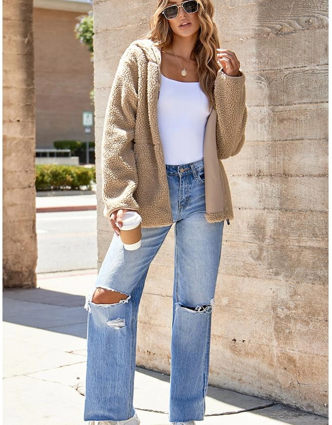 Pale Khaki Fleece Zip Up Drawstring Hooded Pocketed Jacket