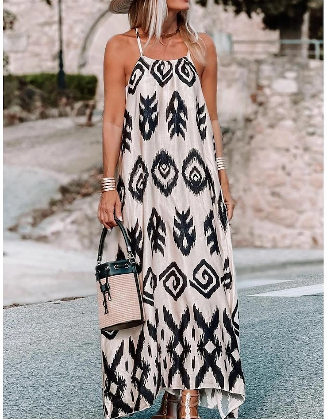 Black Western  Aztec Printed Fashion Vacation Sundress