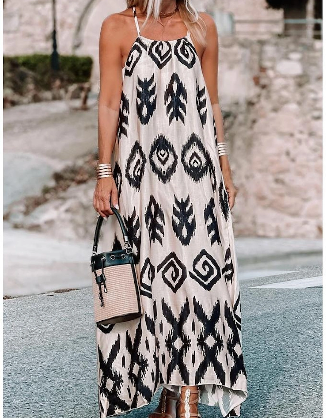 Black Western  Aztec Printed Fashion Vacation Sundress