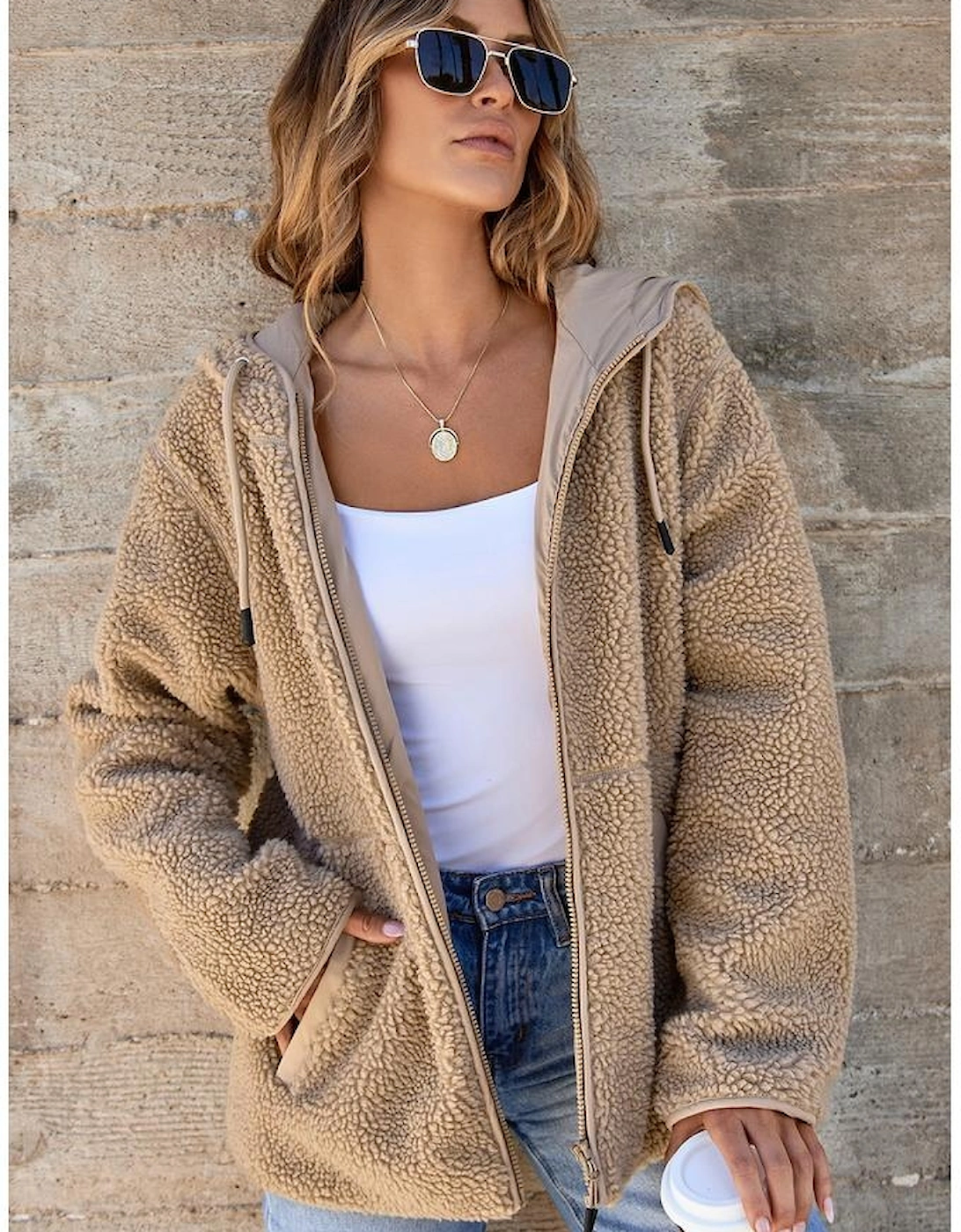 Pale Khaki Fleece Zip Up Drawstring Hooded Pocketed Jacket