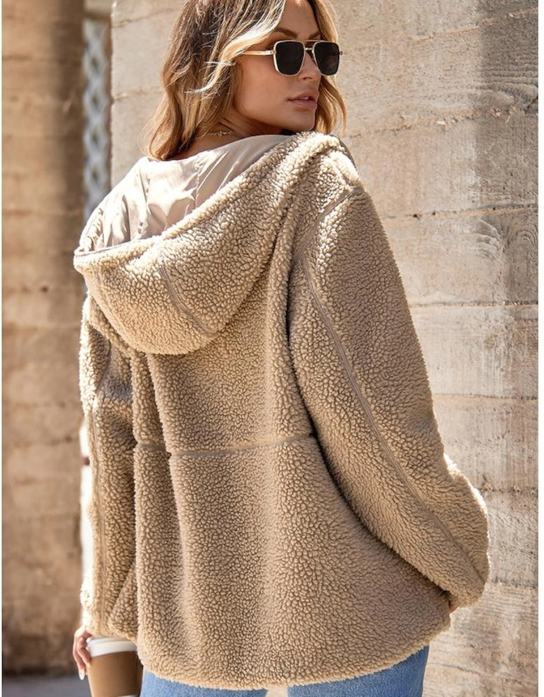 Pale Khaki Fleece Zip Up Drawstring Hooded Pocketed Jacket