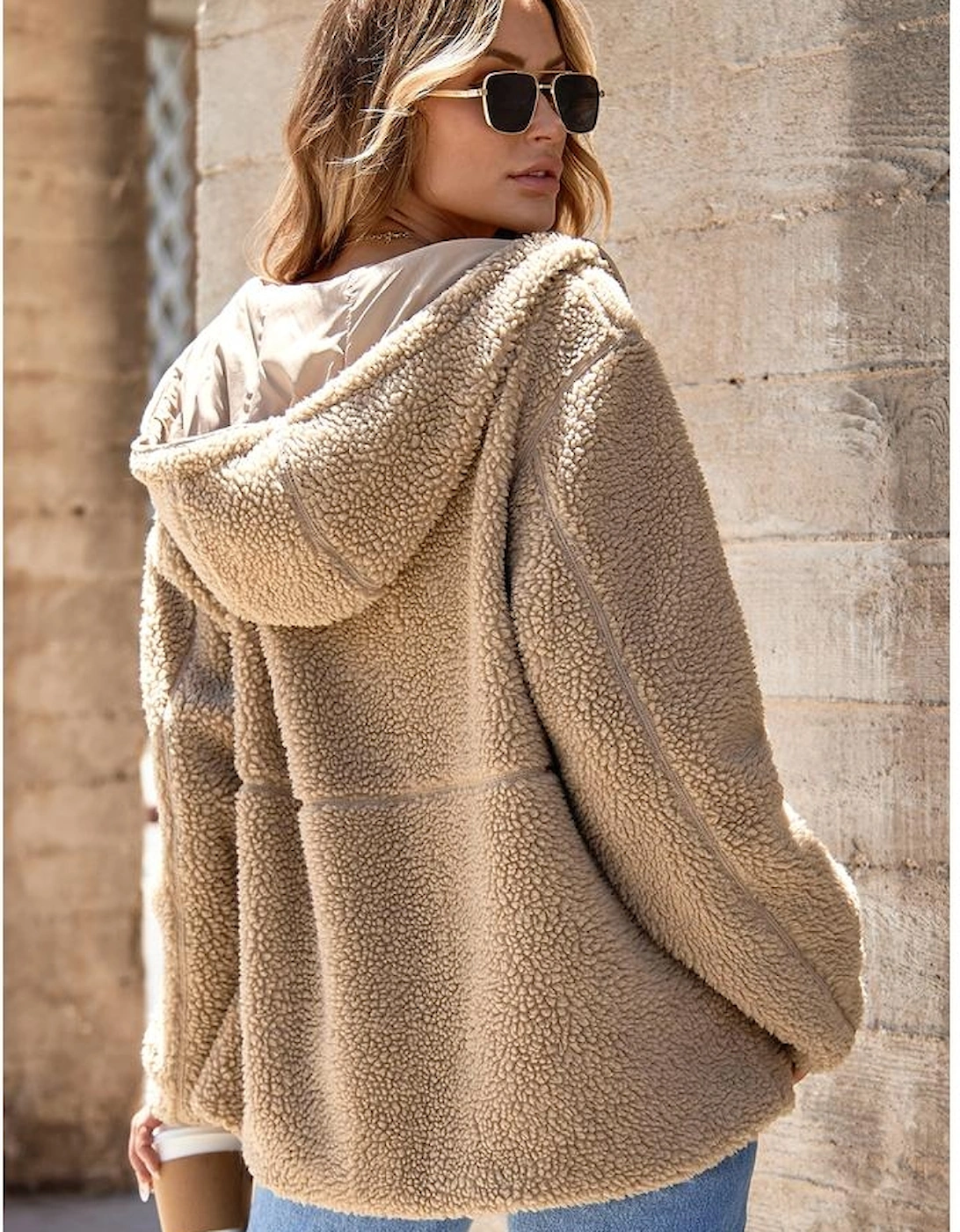 Pale Khaki Fleece Zip Up Drawstring Hooded Pocketed Jacket