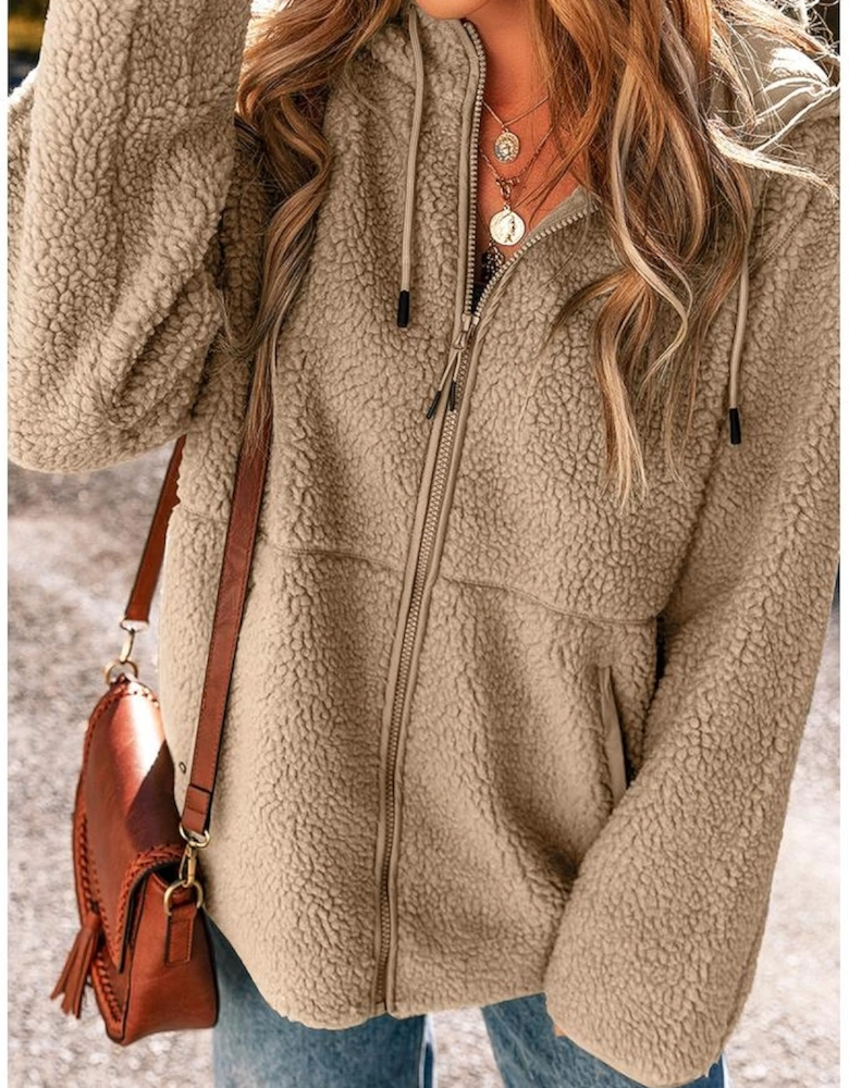 Pale Khaki Fleece Zip Up Drawstring Hooded Pocketed Jacket