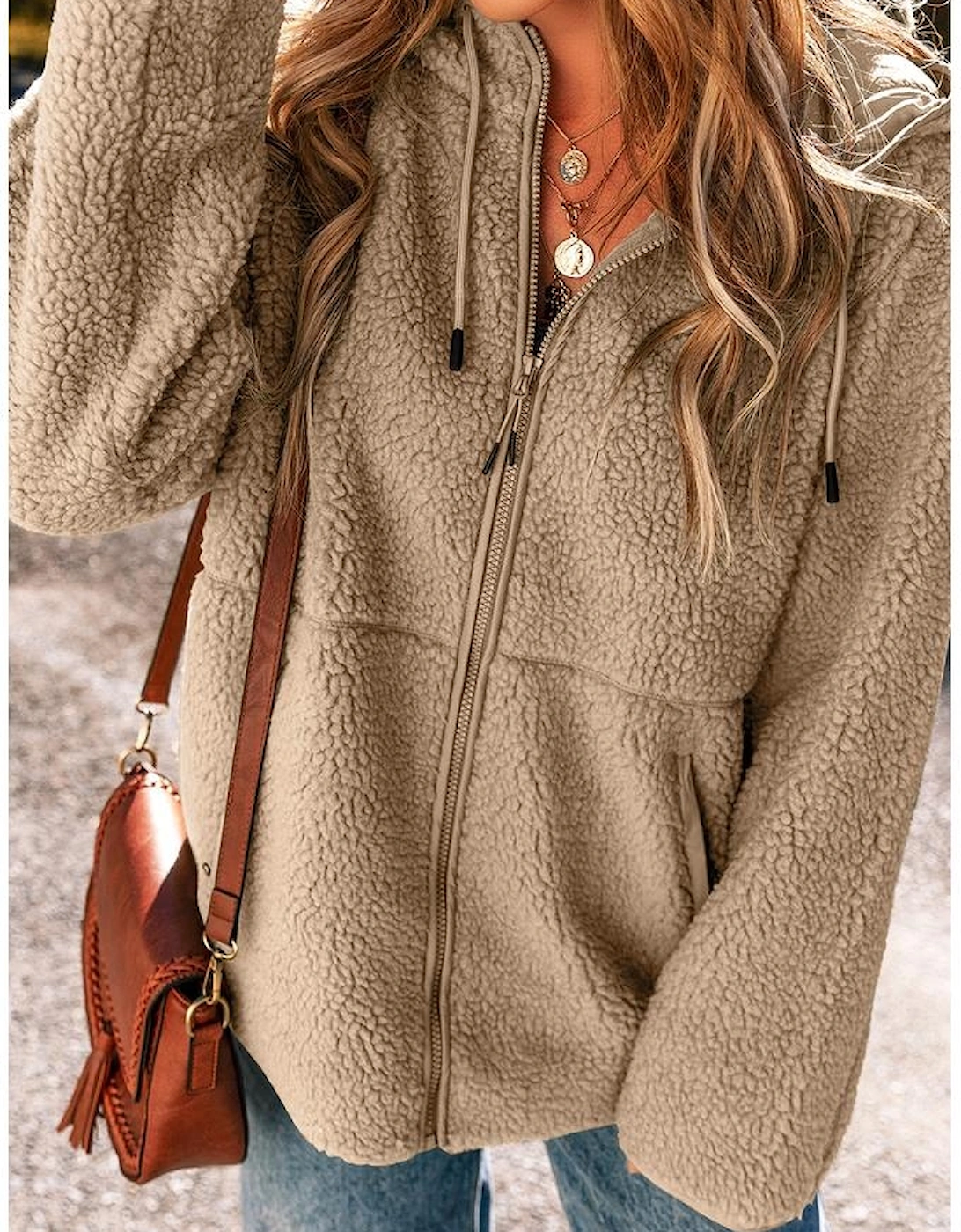 Pale Khaki Fleece Zip Up Drawstring Hooded Pocketed Jacket
