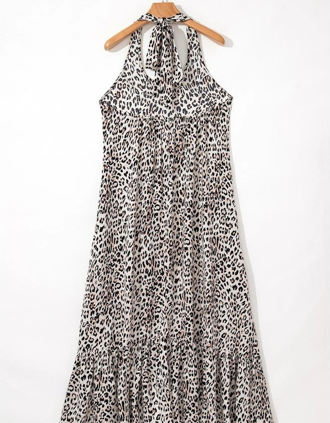 Brown Leopard Printed Halter Neck Backless Ruffled Hem Maxi Dress