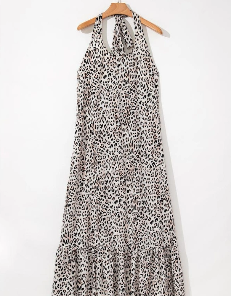 Brown Leopard Printed Halter Neck Backless Ruffled Hem Maxi Dress