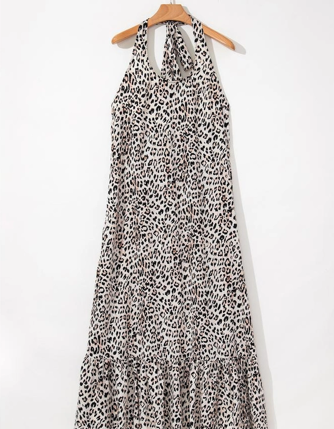 Brown Leopard Printed Halter Neck Backless Ruffled Hem Maxi Dress