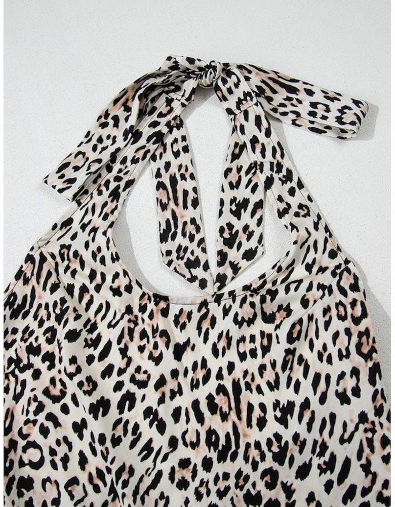 Brown Leopard Printed Halter Neck Backless Ruffled Hem Maxi Dress