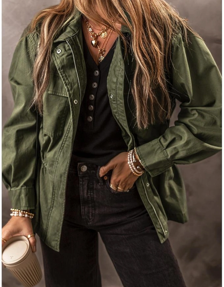 Moss Green Snap Button Zipper Tight Waist Collared Jacket