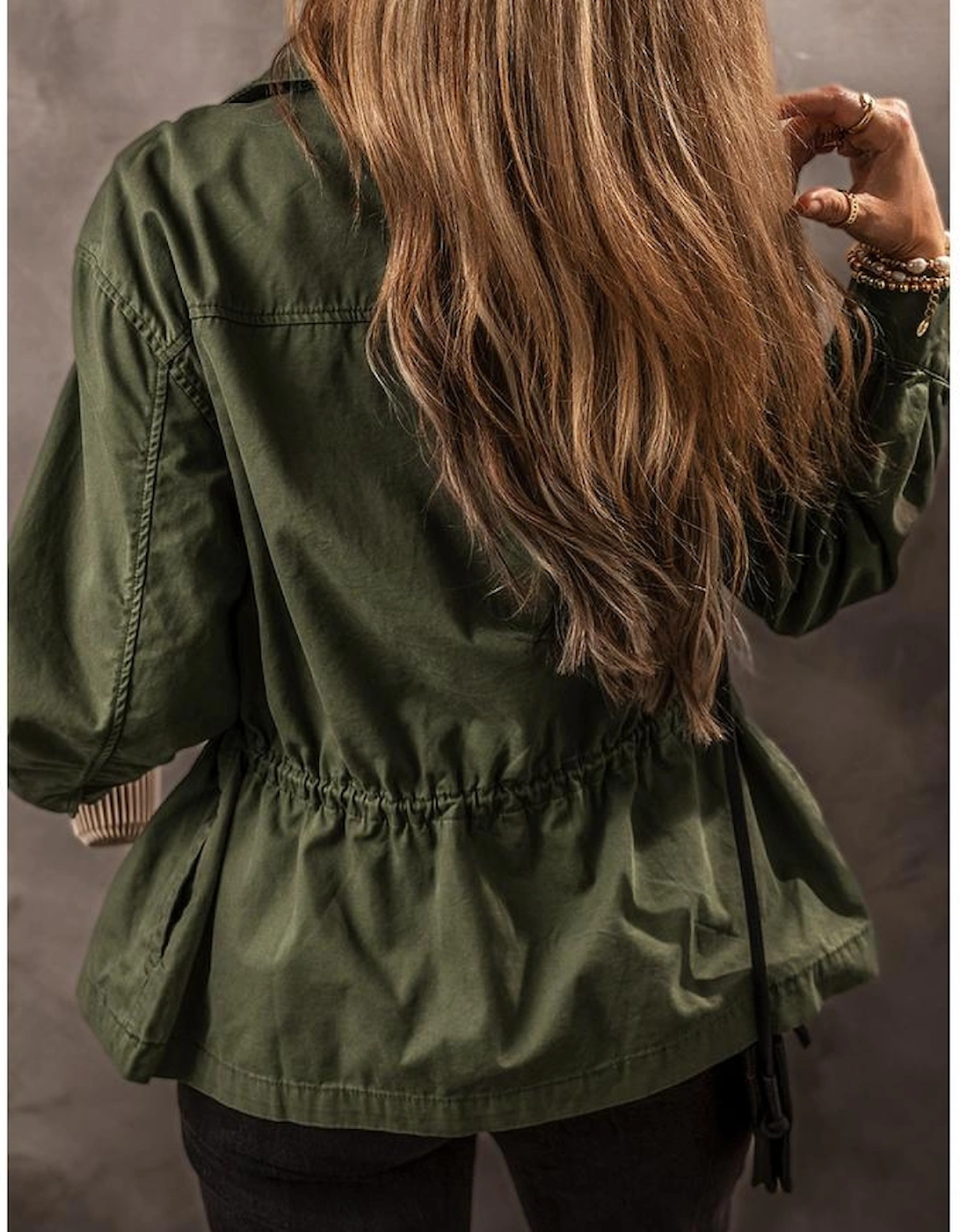 Moss Green Snap Button Zipper Tight Waist Collared Jacket