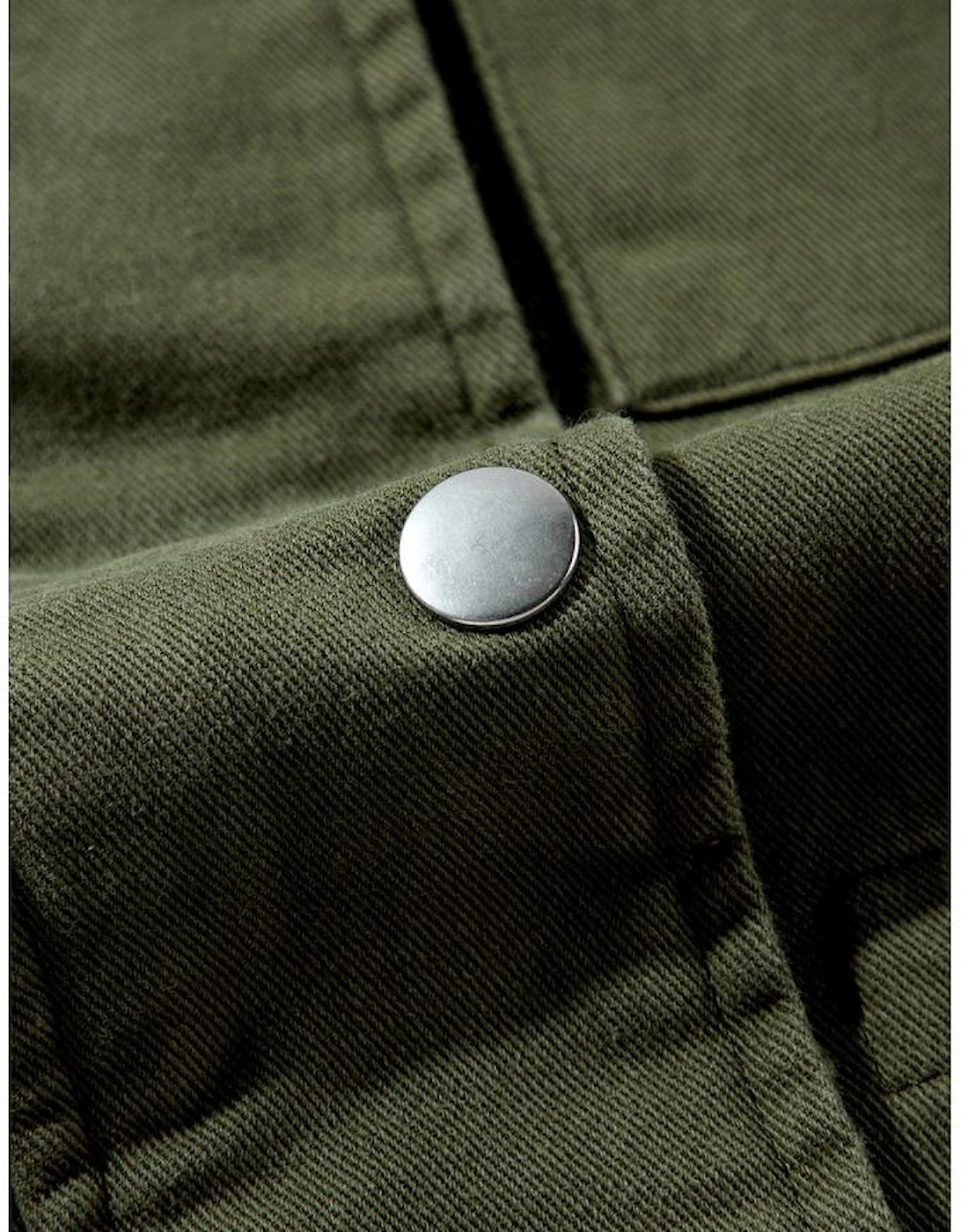 Moss Green Snap Button Zipper Tight Waist Collared Jacket