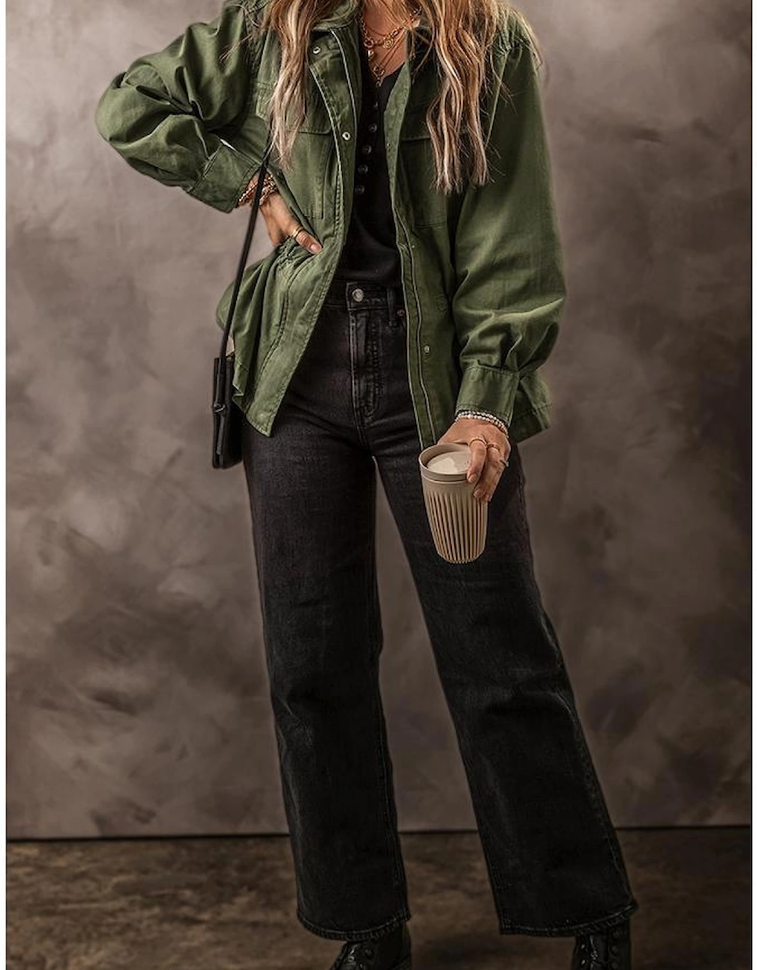 Moss Green Snap Button Zipper Tight Waist Collared Jacket