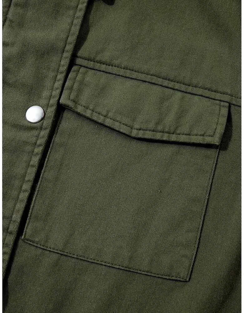Moss Green Snap Button Zipper Tight Waist Collared Jacket