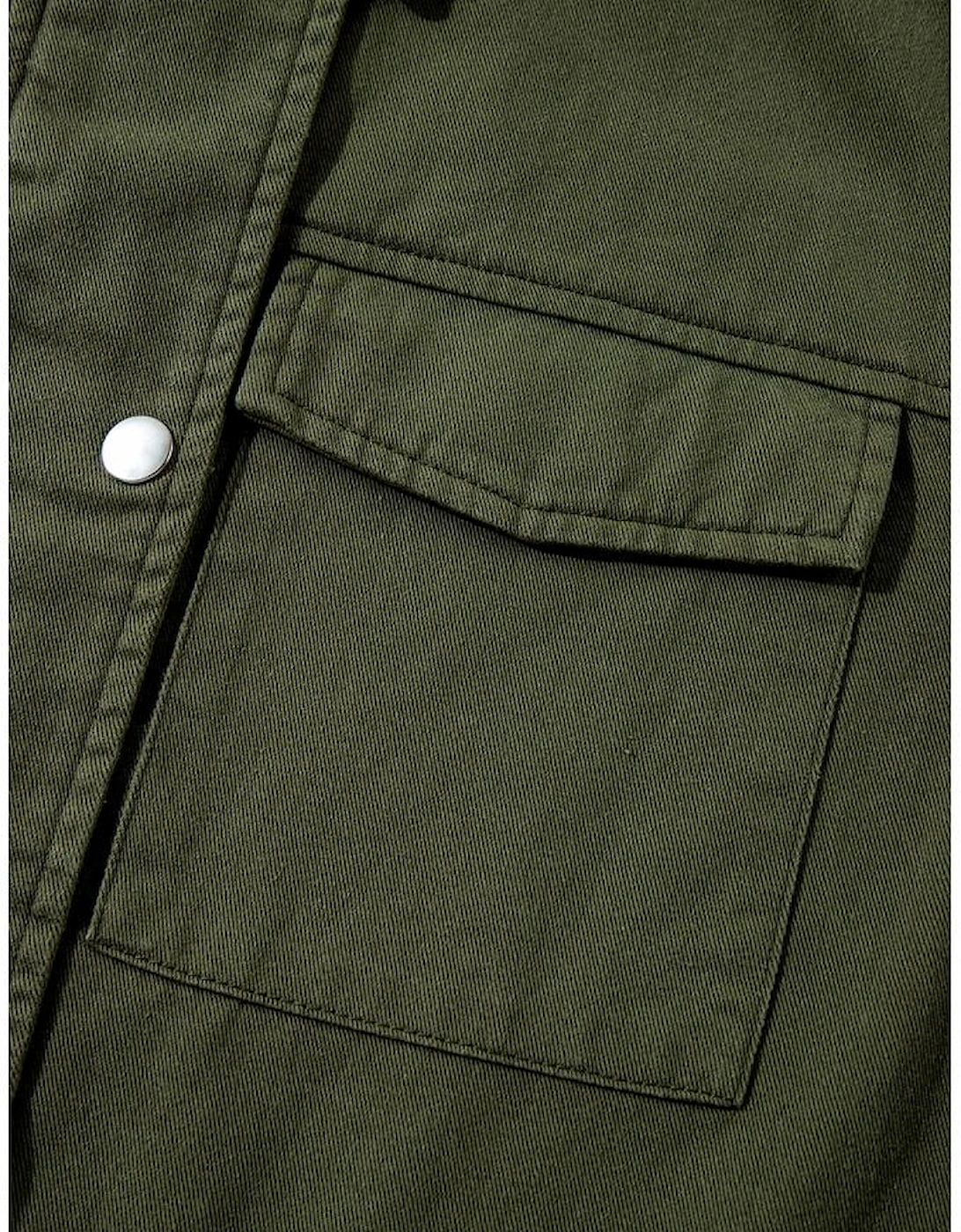 Moss Green Snap Button Zipper Tight Waist Collared Jacket