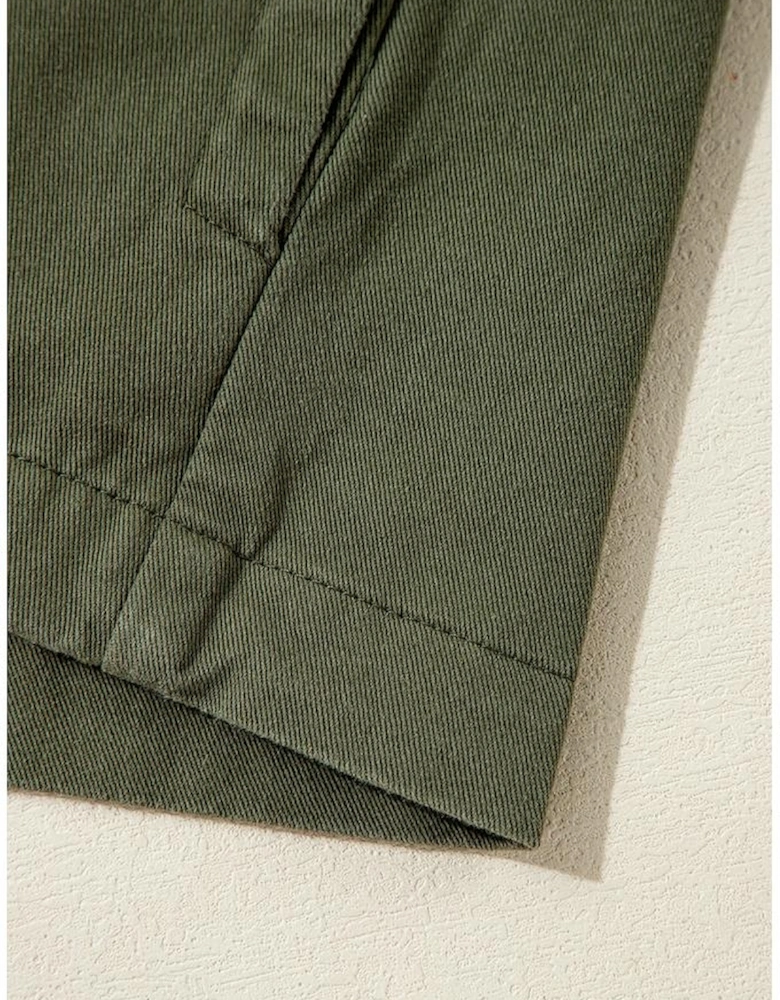 Moss Green Snap Button Zipper Tight Waist Collared Jacket