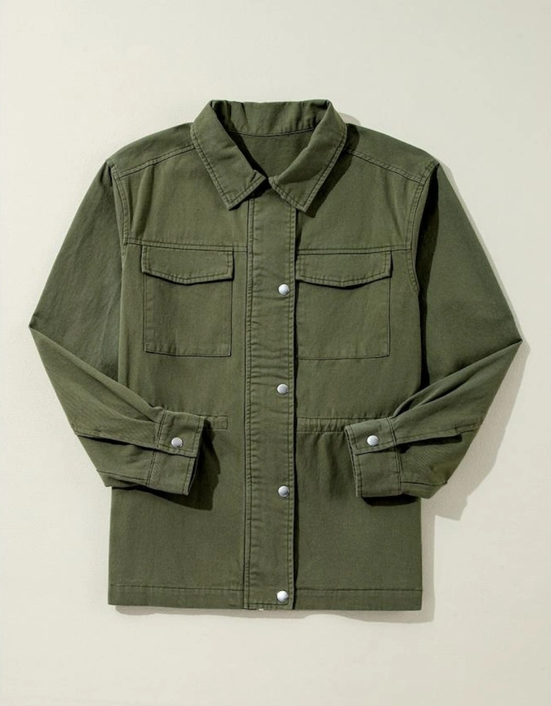 Moss Green Snap Button Zipper Tight Waist Collared Jacket