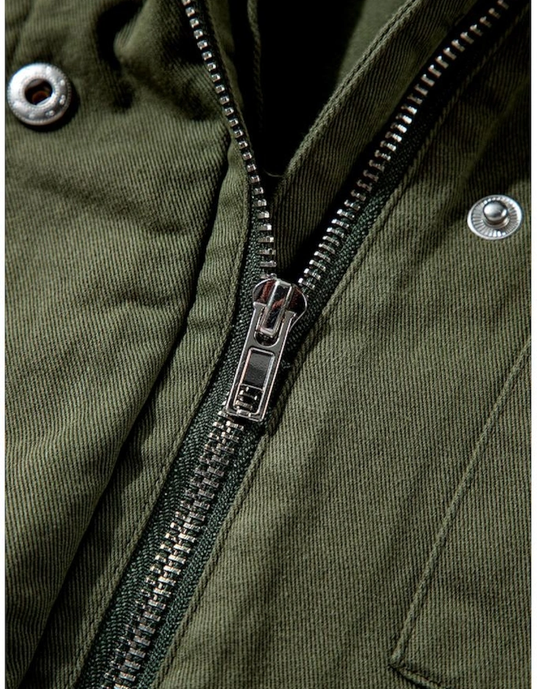 Moss Green Snap Button Zipper Tight Waist Collared Jacket