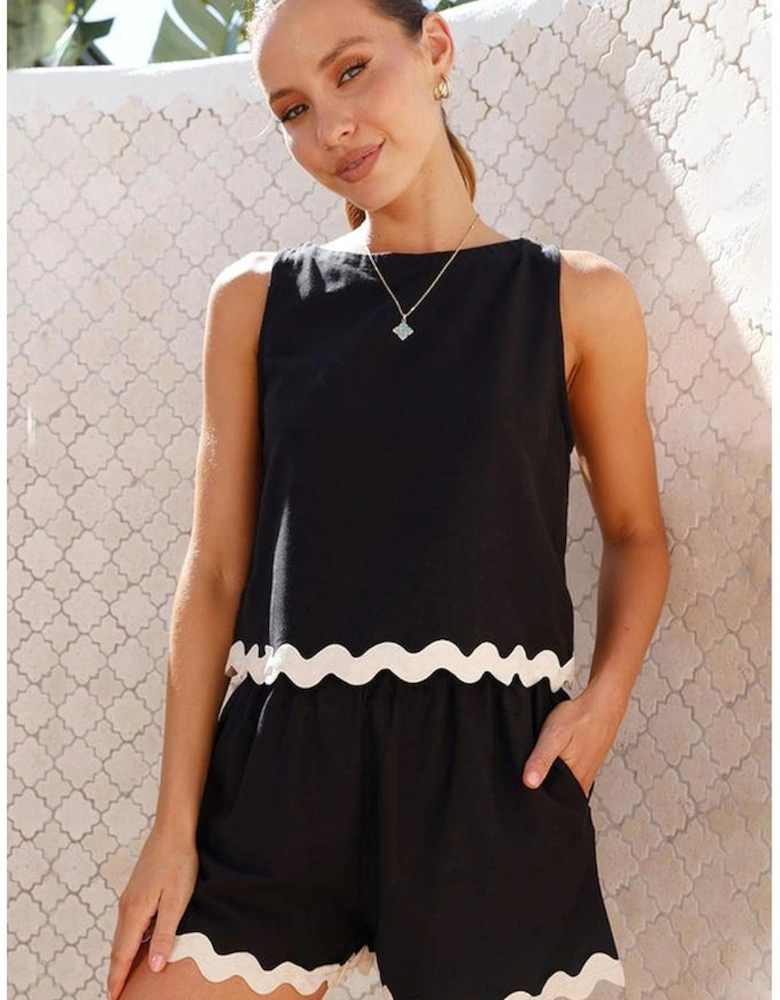 Black Ricrac Trim Tank Top Elastic Waist Shorts Set