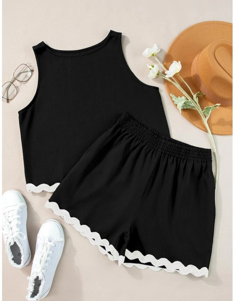 Black Ricrac Trim Tank Top Elastic Waist Shorts Set