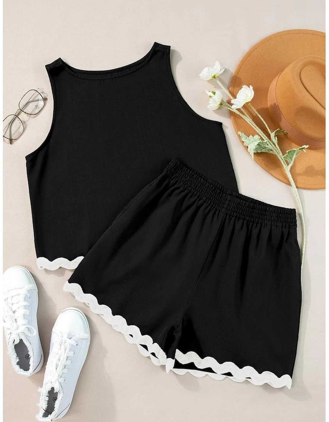 Black Ricrac Trim Tank Top Elastic Waist Shorts Set