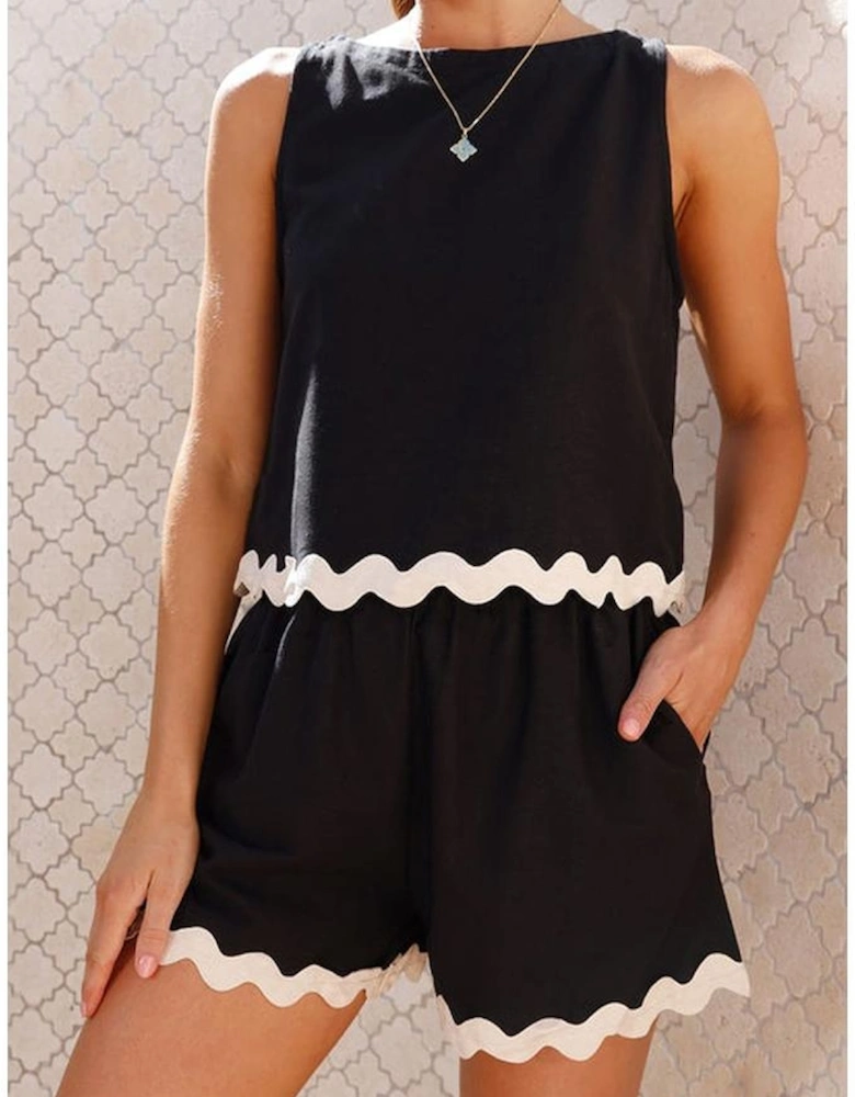 Black Ricrac Trim Tank Top Elastic Waist Shorts Set