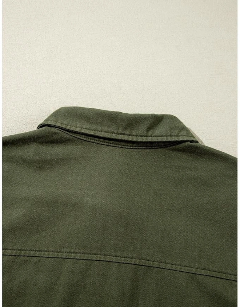 Moss Green Snap Button Zipper Tight Waist Collared Jacket