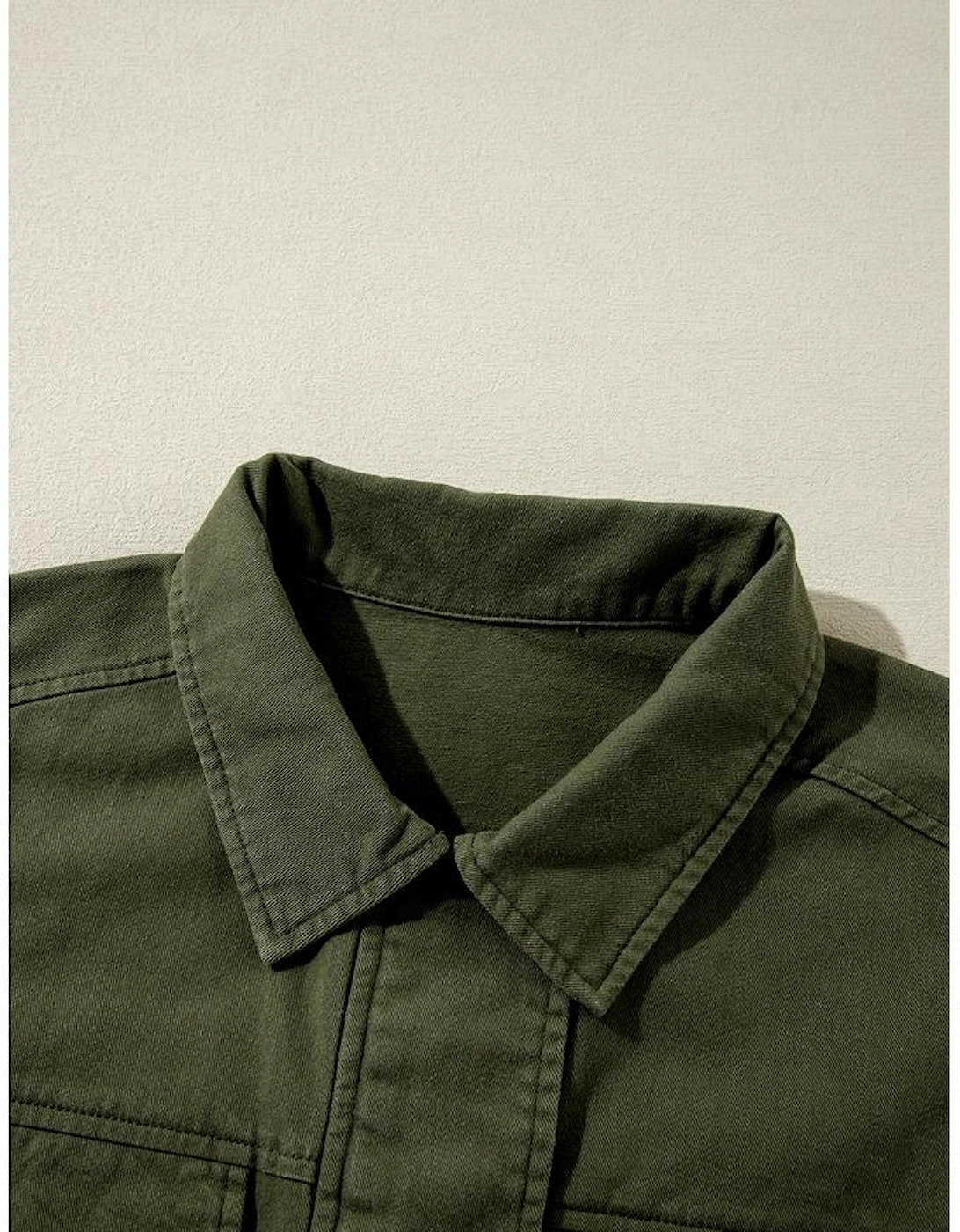 Moss Green Snap Button Zipper Tight Waist Collared Jacket