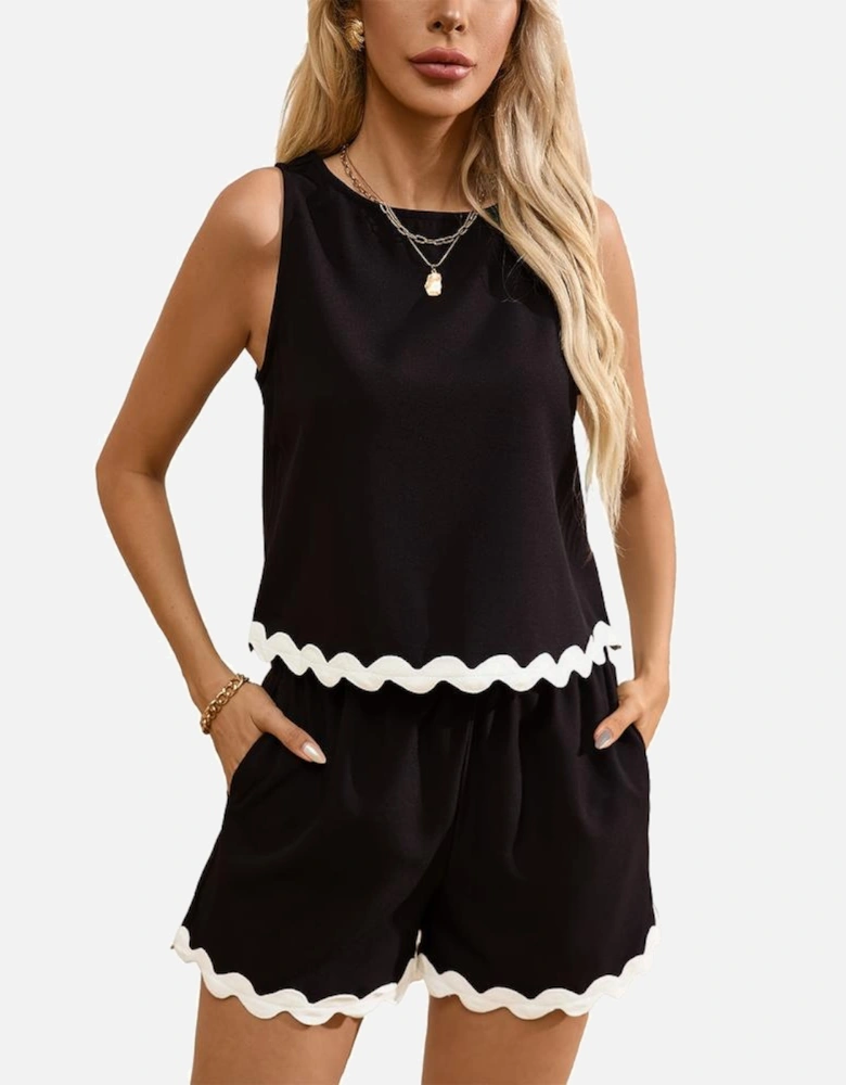 Black Ricrac Trim Tank Top Elastic Waist Shorts Set