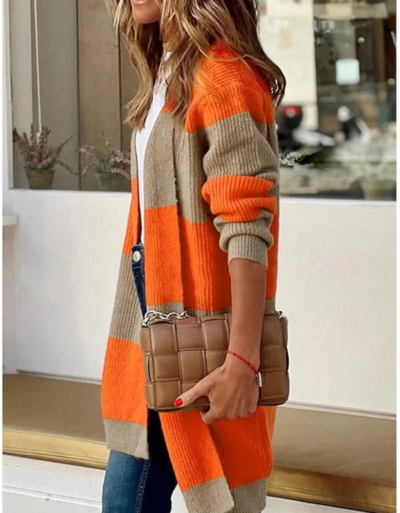 Orange Colorblock Ribbed Knit Cardigan