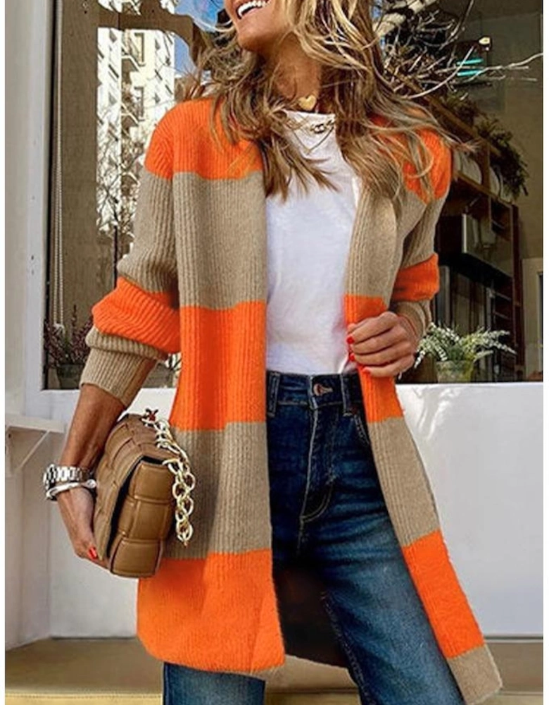 Orange Colorblock Ribbed Knit Cardigan