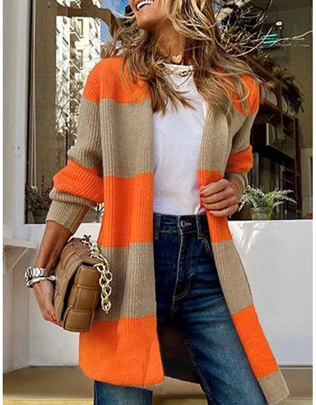 Orange Colorblock Ribbed Knit Cardigan