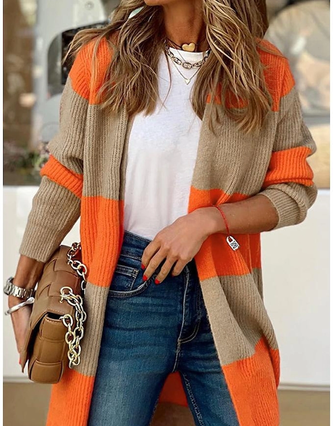 Orange Colorblock Ribbed Knit Cardigan