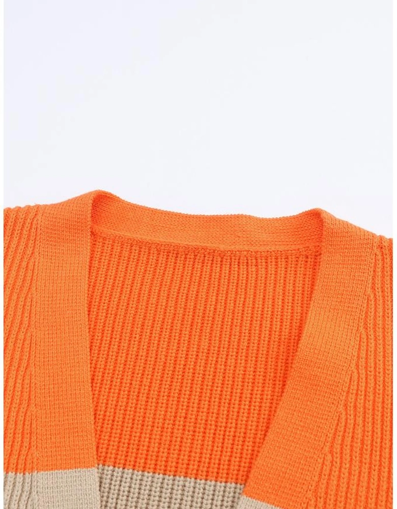Orange Colorblock Ribbed Knit Cardigan