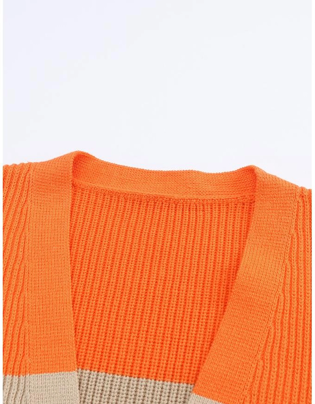 Orange Colorblock Ribbed Knit Cardigan