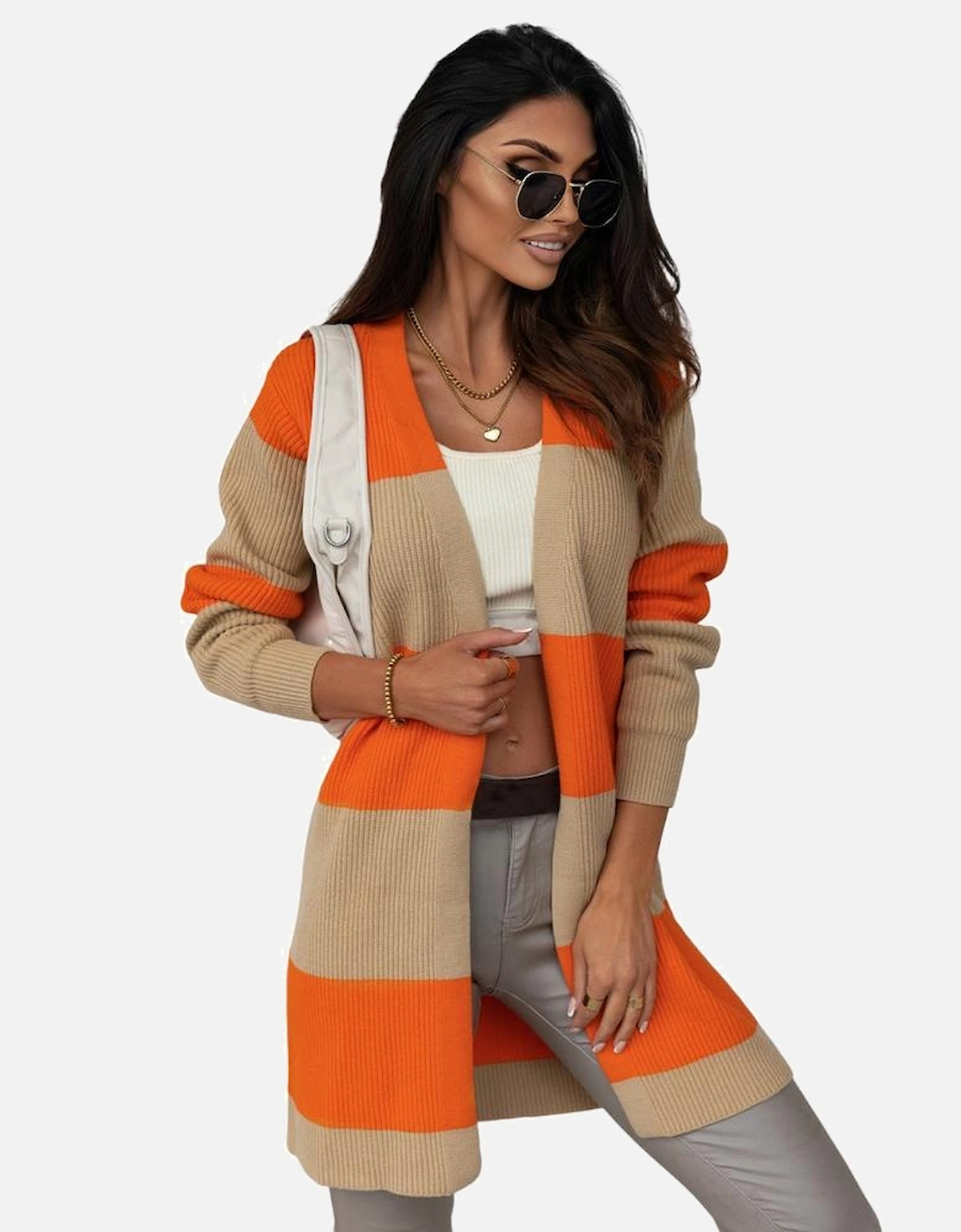 Orange Colorblock Ribbed Knit Cardigan