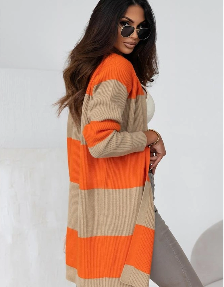 Orange Colorblock Ribbed Knit Cardigan