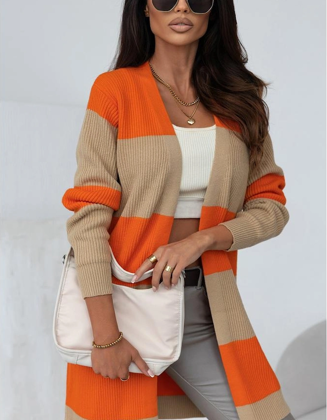 Orange Colorblock Ribbed Knit Cardigan
