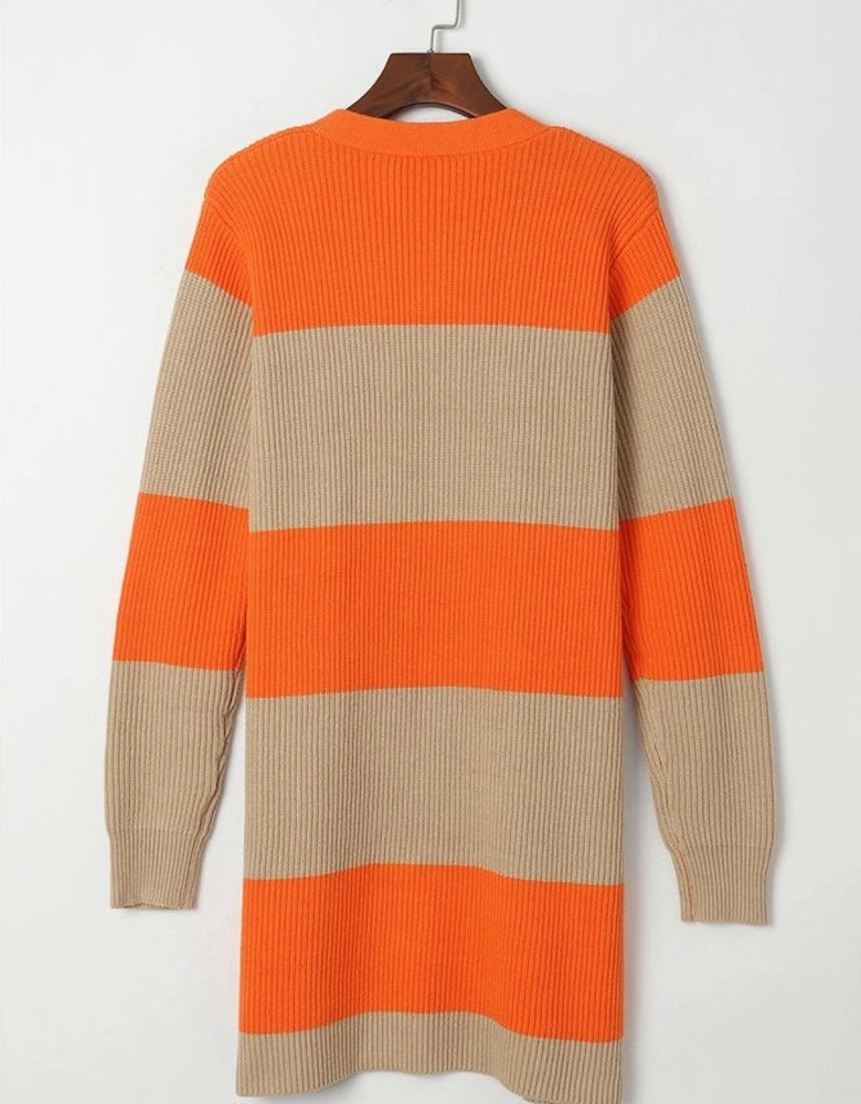Orange Colorblock Ribbed Knit Cardigan