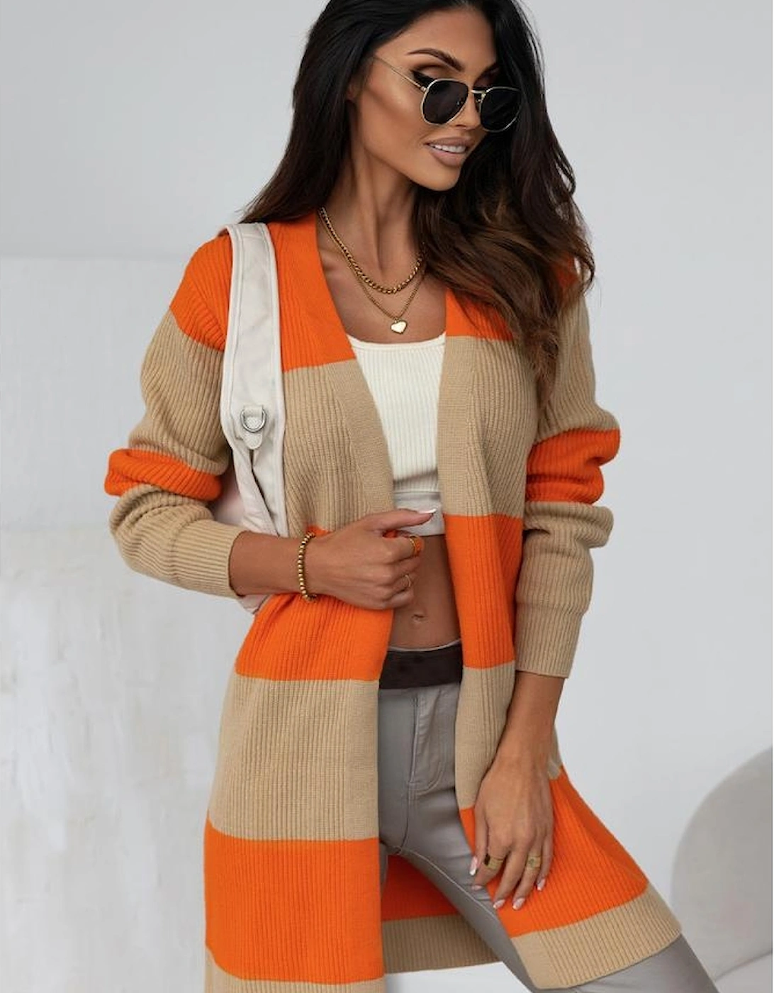 Orange Colorblock Ribbed Knit Cardigan