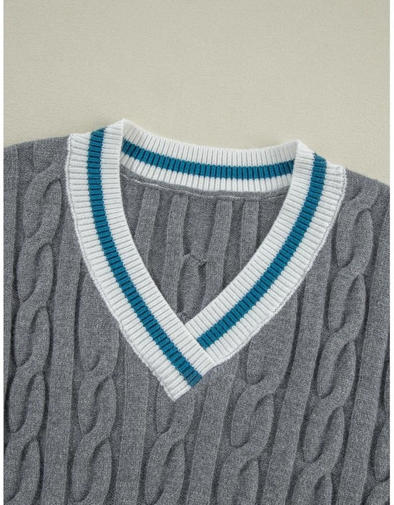 Medium Grey Color Contrast Ribbed Edge Cable Knit V Neck Sweater