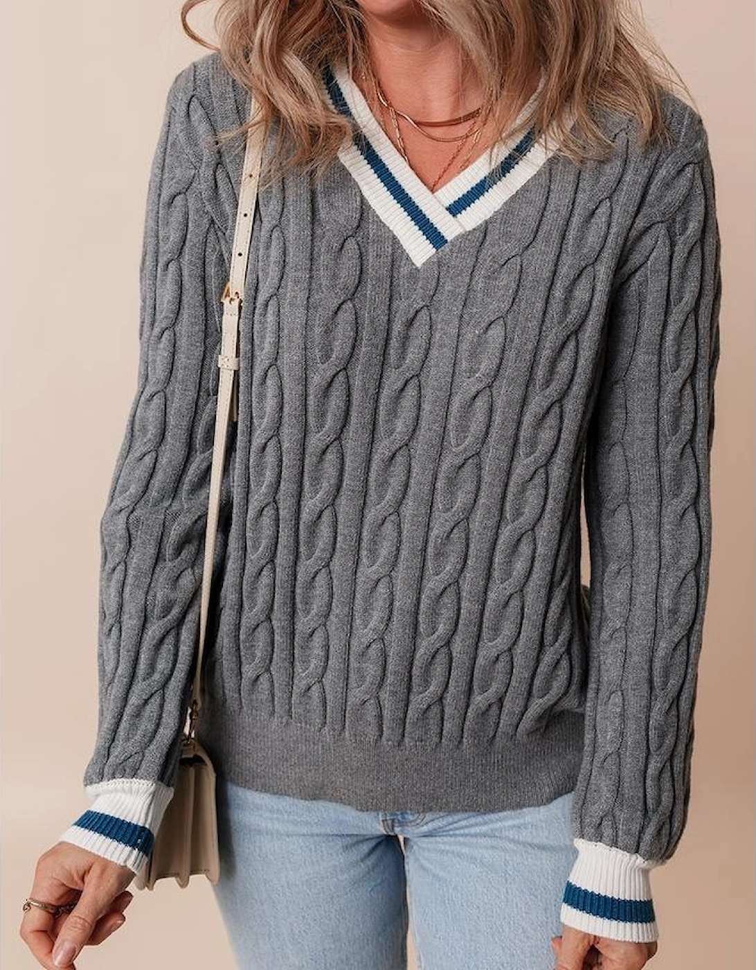 Medium Grey Color Contrast Ribbed Edge Cable Knit V Neck Sweater