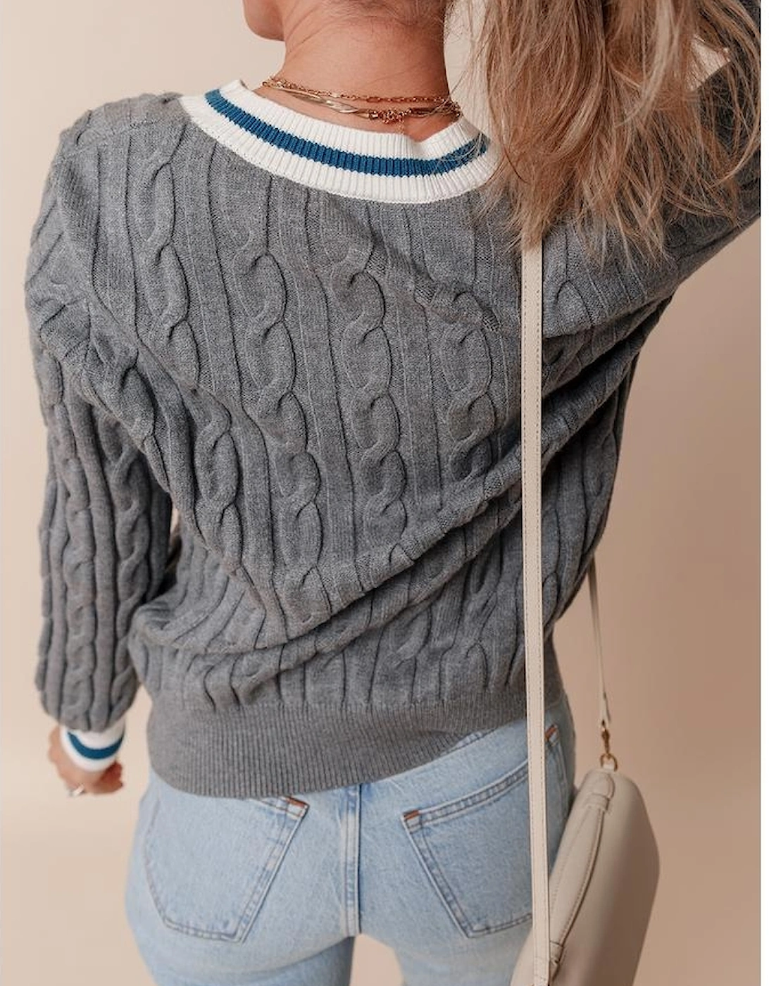 Medium Grey Color Contrast Ribbed Edge Cable Knit V Neck Sweater