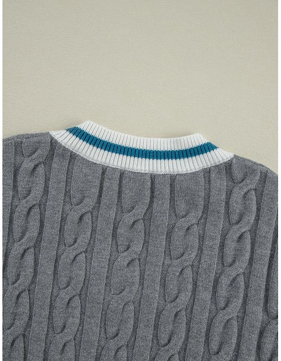 Medium Grey Color Contrast Ribbed Edge Cable Knit V Neck Sweater