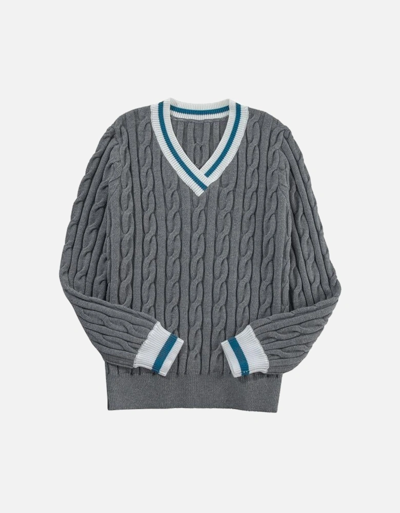 Medium Grey Color Contrast Ribbed Edge Cable Knit V Neck Sweater